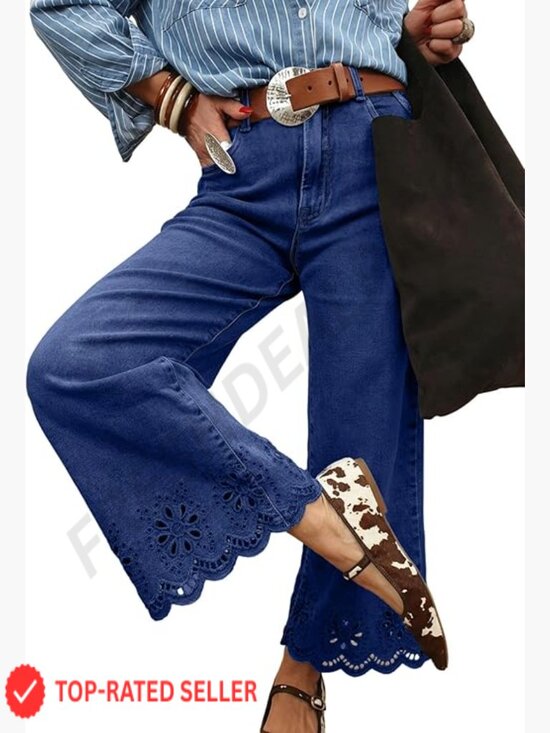 Denim - Wide Leg Embroidered Jeans High Waisted Stretchy Straight Leg Loose Fit Denim